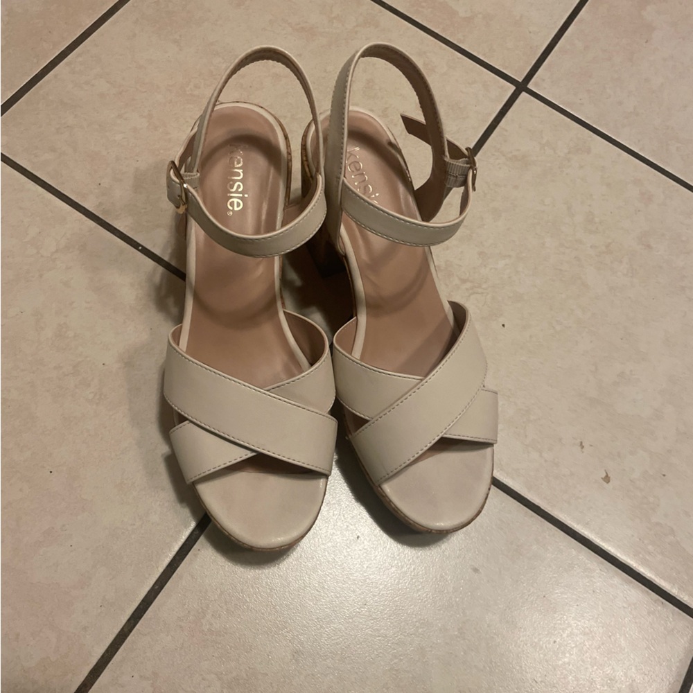 Kensie Women's Beige Wedge Sandals with Ankle Strap - Picture 2 of 5